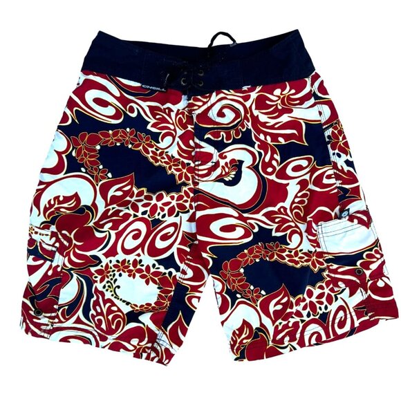 O'Neill Mens Sz  28.5 Waist Red Black Hawaiian Tribal Pattern Drawstring Logo - Picture 1 of 10